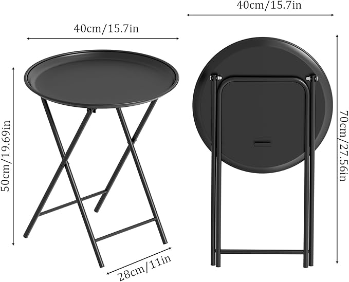Garden 4 you Folding TV Tray Table, Metal Round Side Table, Black Dinner Table with Metal Frame, Modern Outdoor Tray Table for Living Room, Bedroom, Patio & Small Spaces, 2 Packs