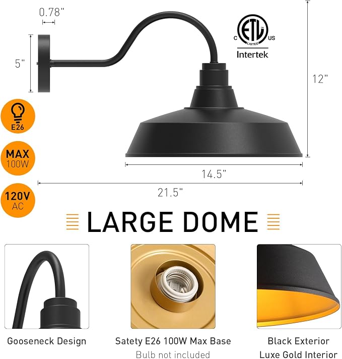 14.5" Dome Gooseneck Barn Light, Outdoor Anti-Rust&Waterproof Farmhouse Wall Sconce, Outdoor Wall Lanterns for Porch/Patio, E26 Base 100W Max(Black 2-Pack Exterior Lighting Fixtures)