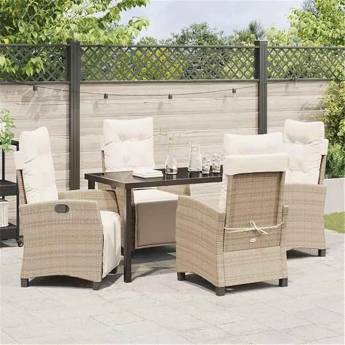 Afuera Living 5 Piece Poly Rattan Garden Dining Set, Beige Cushions, Glass-Topped Table with Steel Legs, Adjustable Backrest Chairs, Comfortable Outdoor Patio Furniture for Garden or Terrace Use