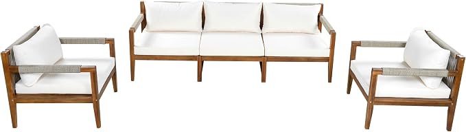 GDFStudio 3 Piece Patio Furniture Set, Acacia Wood Outdoor Sofa Set with Cushions, Rope Woven Conversation Set, 3 Seat Couch & 2 Chairs for Backyard Patio Deck Porch Garden Poolside, Beige
