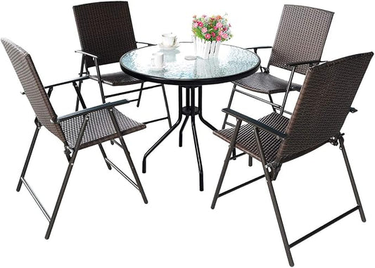 S AFSTAR 5 Pieces Patio Dining Set, 4 Folding Chairs with Table, Portable Wicker Chairs Furniture Set for Outdoor Garden Backyard (4 Chairs w/ 28''H Modern Round Table)