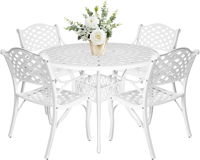 42 Inch Outdoor Patio Dining Table Round Cast Aluminum Table with 1.97" Umbrella Hole, All Weather Metal Bistro Table for Porch,Backyard,Garden,Balcony,White