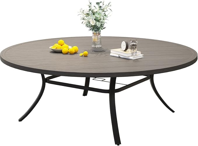 VICLLAX 60" Outdoor Round Patio Dining Table for 8-10, All Weather Metal Dining Table with Umbrella Hole for Deck Lawn Garden Backyard, Grey