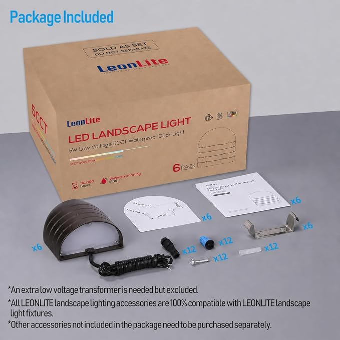 LEONLITE 6-Pack 5CCT Low Voltage LED Deck Lights, 250LM Ultra Bright | 1800K/2700K/3000K/4000K/5000K, CRI90, 12-24V AC/DC, Anti Glare Step Railing Light, Fence Down Light, IP65, Oil Rubbed Bronze