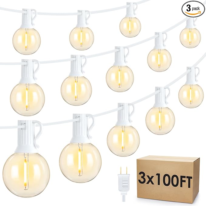 300Ft(3x100Ft) LED Outdoor String Lights Dimmable Waterproof G40 Globe Patio Lights with 150+7 Warm White Bulbs for Bistro Outside-White Cord