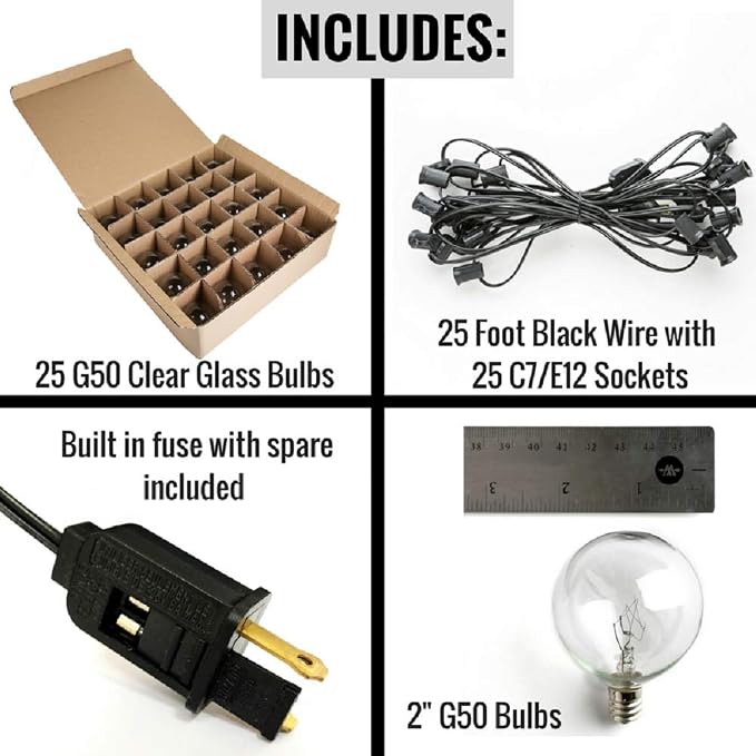 G50 Clear 2 Inch Light Bulbs with C7 Stringer 18 Gauge (Black Wire, 25')