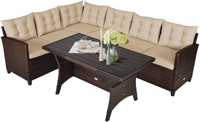 Tangkula Patio Furniture Set, 3 Pieces Outdoor Conversation Set with 6 Cushioned Seat & Coffee Table, Rattan Couch Set for Balcony, Garden, Lawn, Poolside and Backyard (Brown)