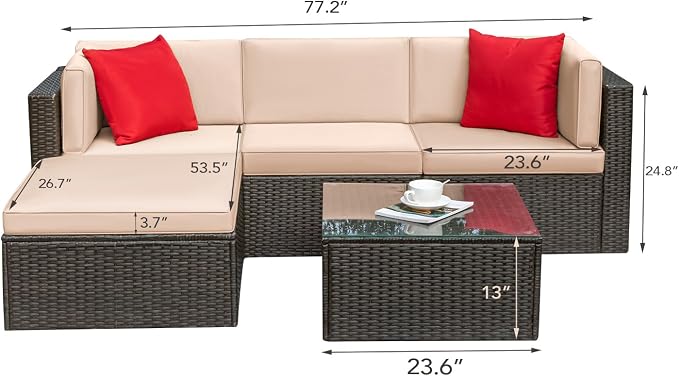 Greesum 5 Piece Patio Conversation Set Wicker Rattan Furniture Outdoor Sofa with Cushions,Pillows & Glass Table for Porch,Lawn and Yard,Beige