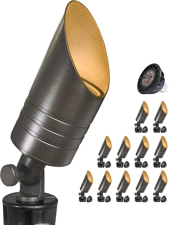 MALORY Solid Brass Outdoor Spot Lights,12V AC/DC Low Voltage LED Landscape Lighting,Waterproof Spot Up Light for Garden,Patio and Yard (S05-Bronze, 12-Pack with Bulb)
