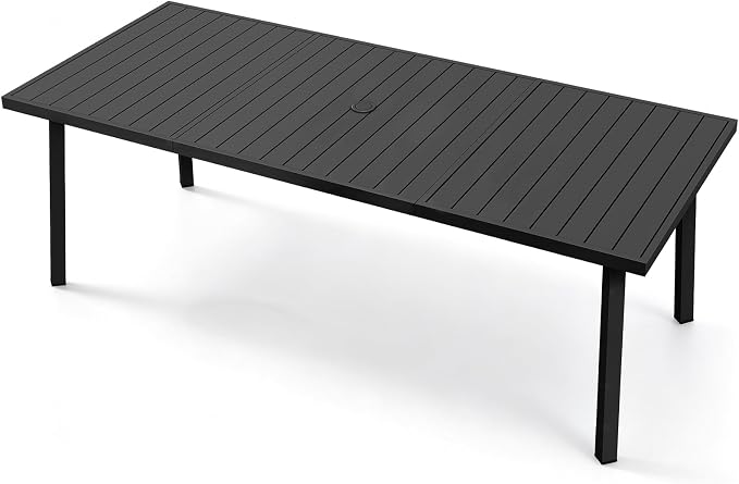 Outdoor Dining Table for 8, Never-Rust Aluminum Patio Dining Table, 82"×35" Large Rectangle Patio Table with Umbrella Hole, Outdoor Table Slatted Tabletop for Balcony, Deck, Commercial, Black