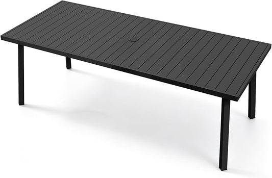 Outdoor Dining Table for 8, Never-Rust Aluminum Patio Dining Table, 82"×35" Large Rectangle Patio Table with Umbrella Hole, Outdoor Table Slatted Tabletop for Balcony, Deck, Commercial, Black
