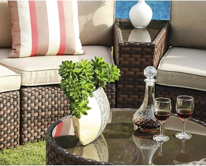 SUNSITT Outdoor Patio Furniture 11-Piece Half-Moon Sectional Round Patio Furniture Set Curved Outdoor Sofa with Tempered Glass Round Coffee Table, 4 Pillows, Brown Rattan