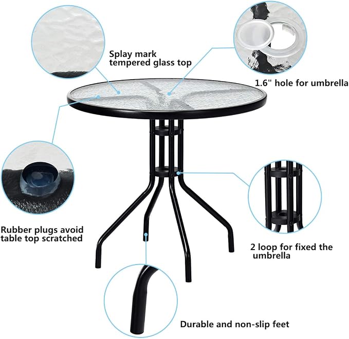 Tangkula 32” Outdoor Dining Table Round, Tempered Glass Top Steel Frame with 1.6 inch Umbrella Hole, All Weather Patio Side Table for Backyard Lawn Balcony Poolside or Garden