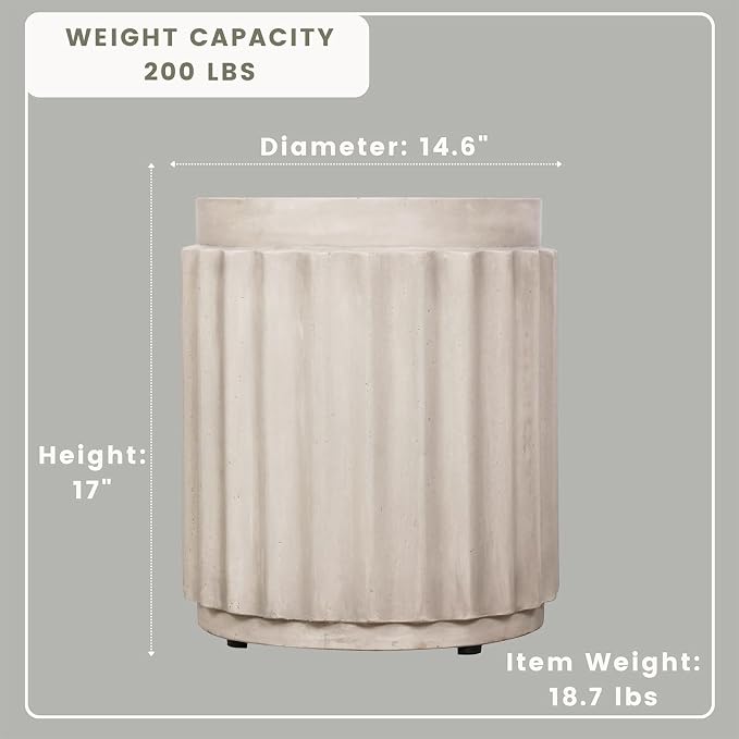 Afterglow Terrafab Material Outdoor Round Side Table, Natural Decorative Garden Stools, Unique End Table for Living Room Bedroom Patio Home Decor,Off-White
