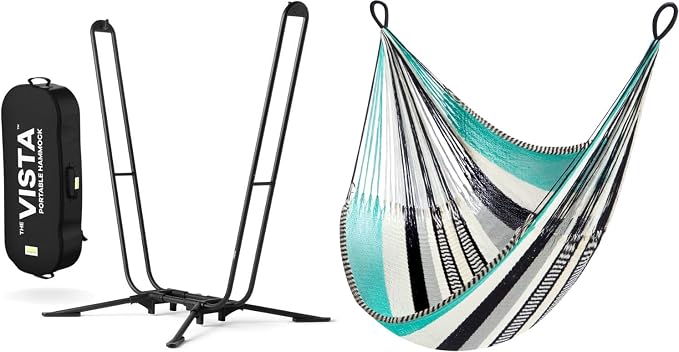 Handwoven Hammock & Charcoal Vista Stand by Yellow Leaf Hammocks - Hanging Chair, Fits 1 Person, 330lb max - Weathersafe, Easy to Hang & Setup, Ultra Soft, Artisan Made - Hammock Color: Turquoise, Bla