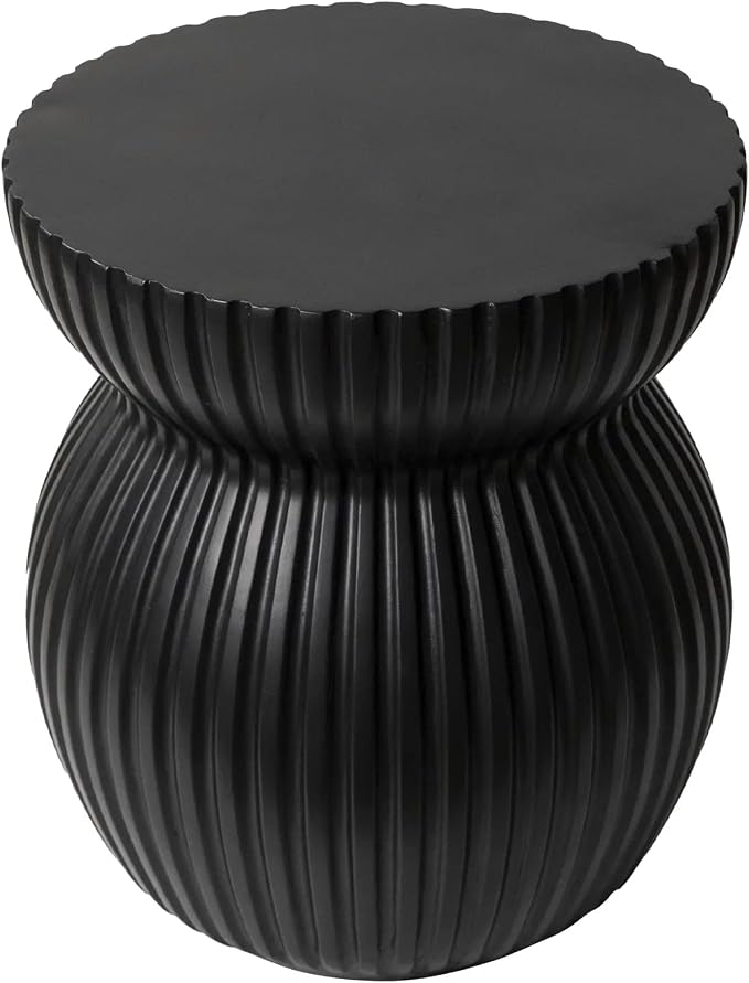 Mander Series Fiberstone Modern Side Table – Ribbed Hourglass Accent End Table for Indoor or Outdoor Use, Living Room, Bedroom, Patio - Black