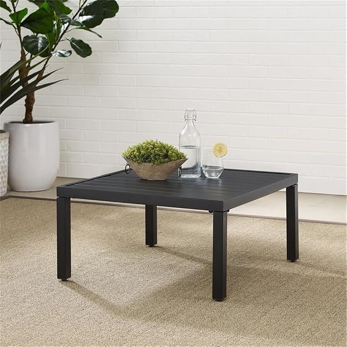 Pemberly Row Modern Metal Outdoor Sectional Coffee Table, Matte Black Finish, 28.5 in x 28.5 in x 14.5 in, Weather-Resistant Rustproof Steel, Slatted Top, Patio or Balcony Furniture for Outdoor Use