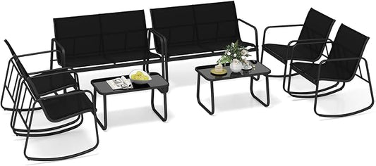 Tangkula 8 Piece Patio Furniture Set, Outdoor Rocking Bistro Set with 4 Rocking Chairs, 2 Loveseats & 2 Tempered Glass Coffee Tables, Porch Rocker Chair Conversation Set for Balcony Poolside Garden