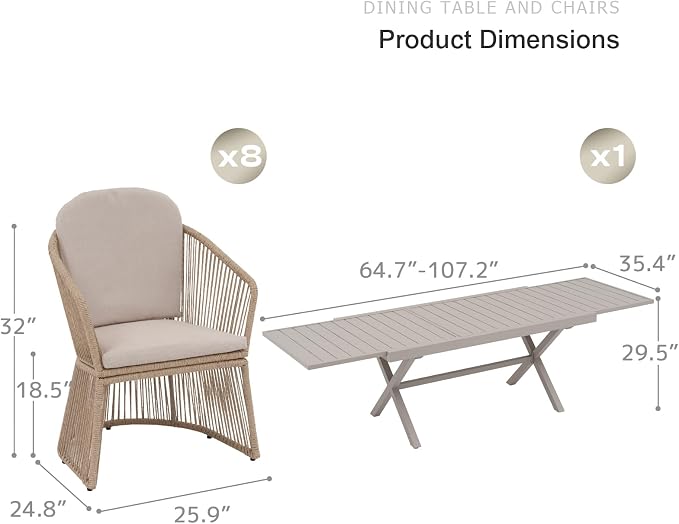 SUNSITT 9 Piece Outdoor Patio Dining Set, 65" - 107" Metal Expandable Outdoor Dining Table with X-Shape Legs, 8 Woven Wicker Outdoor Patio Chairs w/Curved Armrest for Garden, Beige