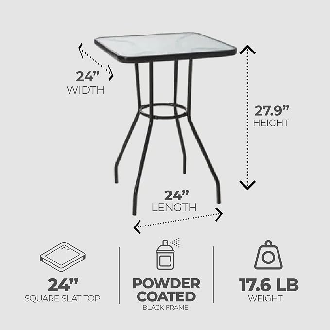 Four Seasons Courtyard Sunny Isles 24 Inch Outdoor Patio Bistro Dining Table Backyard Squared Furniture with Tempered Glass Tabletop, Black