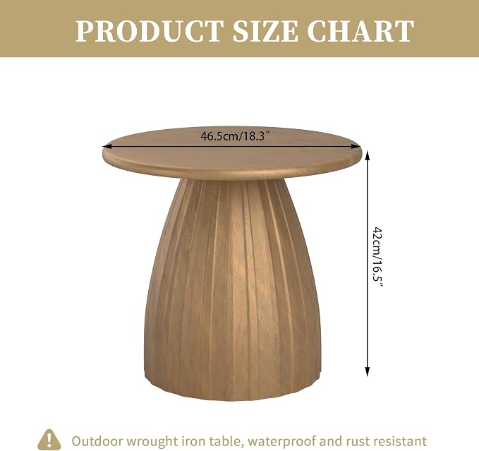 Metal Small Patio Table, Round Outdoor Side Table, Wood Color Outdoor Accent Patio End Table, for Garden, Pool, Deck, Balcony, Yard, Living Room, Weather Resistant, No Assembly