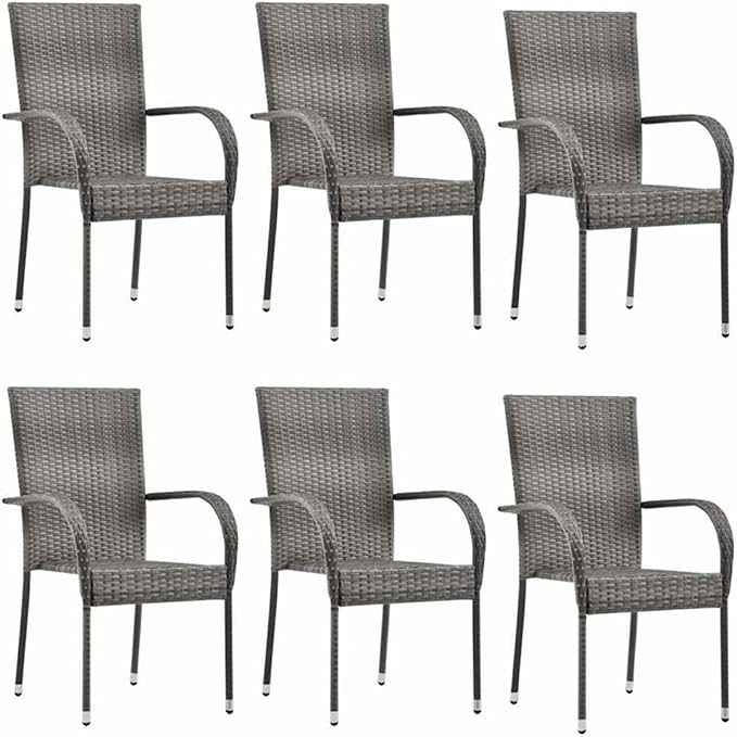 BOWERY HILL 7-Piece Garden Dining Set, PE Rattan and Powder-Coated Steel, Gray Finish, Stackable Chairs, Tempered Glass Table, Outdoor Patio Furniture for Garden and Terrace Dining
