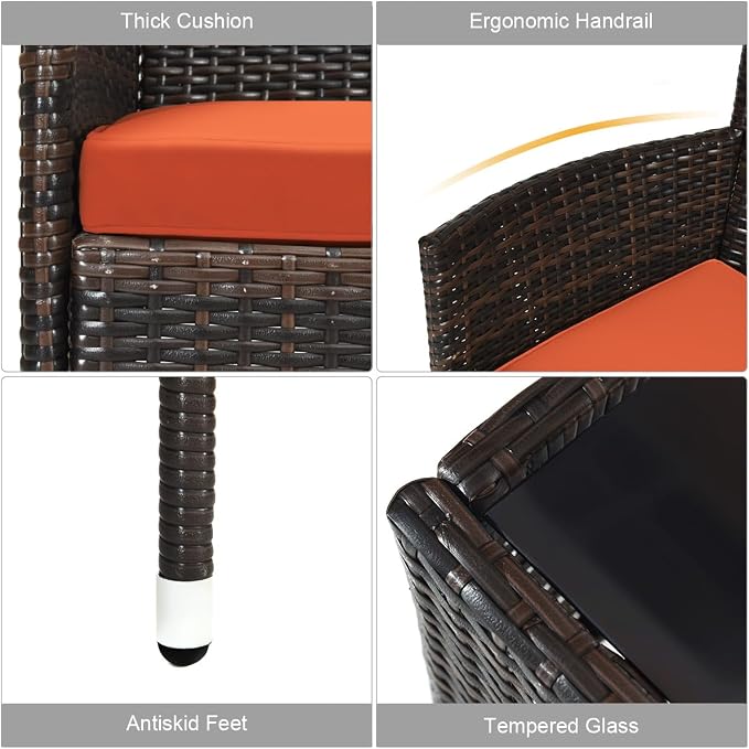 Tangkula 4 Pieces Patio Rattan Conversation Set, Outdoor Wicker Furniture with Tempered Glass Coffee Table & Thick Cushion, Rattan Chair Wicker Set for Garden, Lawn, Poolside and Backyard (1, Orange)