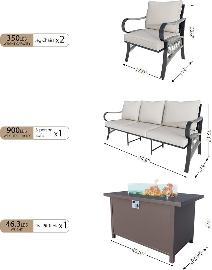 4 Pieces Outdoor Patio Conversation Sets, Outdoor Furniture Set Metal 3-Seater, 2 Single Chairs, Fire Pit Table for Backyard Deck Porch Poolside, Beige