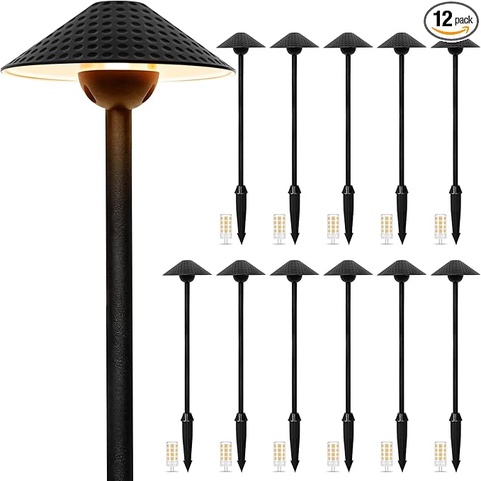 Low Voltage Pathway Lights (6.69'' Shade, 21.54'' Tall) 12V Outdoor LED Landscape Pathway Lighting Aluminum Vintage Hammered Path Lights with 4W 2700K Replaceable Bulb, 12 Pack