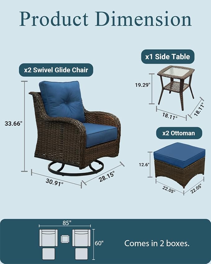 Luxury Patio Conversation Set, 5-Piece Ergonomic High Back Wicker Swivel Chair Set with 6-Inch Deep Seating Cushions, Large Patio Furniture Set for Garden, Deck & Balcony, Navy Blue