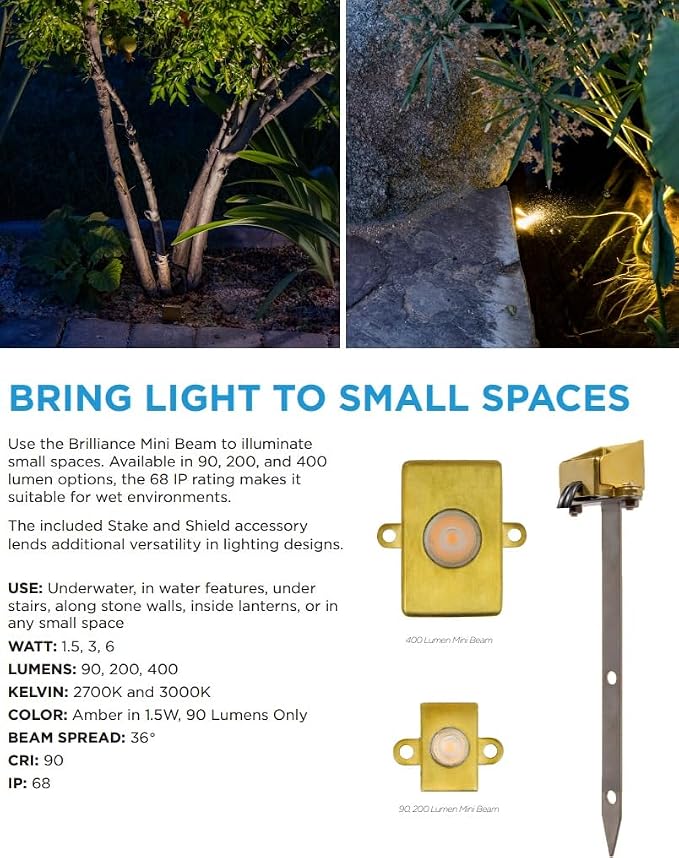 SPW Brilliance MINI-BEAM-2700-200 LED Light Fixture 3W 2700K 30° Dimmable MINIBEAM2700200, Brass
