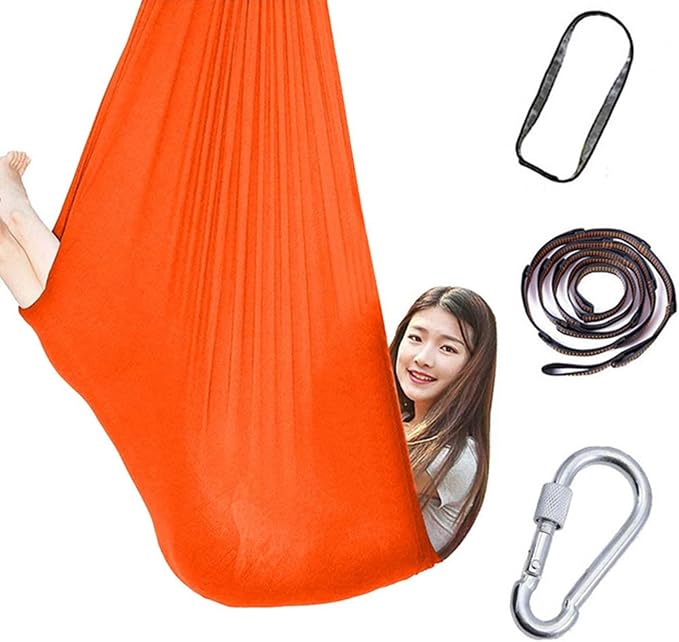 360° Rotating Elastic Aerial Yoga Hammock Outdoor Indoor Swings Aerial Yoga Sensory Therapy Cuddle Swing Soft Elastic Parcel Steady Seat Swing (Color : Orange, Size : 150x280cm)