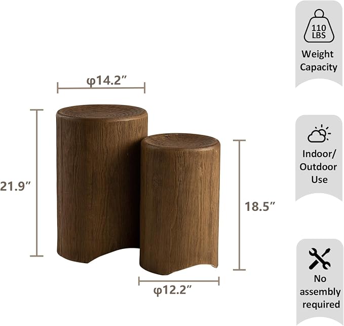 HOMPUS Outdoor Concrete Side Table Set of 2, Outdoor Nesting Table Round w Faux Wood Modern Vintage MgO, Lightweight Functional Patio Accent Table for Indoor Outside, Garden, Deck, Poolside, Brown