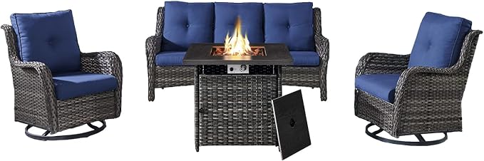 Belord 4 Piece Patio Wicker Furniture Set, Outdoor Swivel Rocker Chairs, All Weather Outdoor Patio Couch with Fire Pit Table for Deck Porch, Gray Wicker/Blue