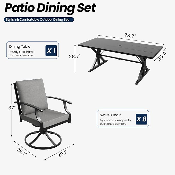 9 Piece Outdoor Dining Set for 8, Metal Patio Table and Chairs with Cushions, Patio Furniture Set with 8 Swivel Chairs, Rectangular Metal Dining Table with Umbrella Hole, Lawn Deck Yard-Grey