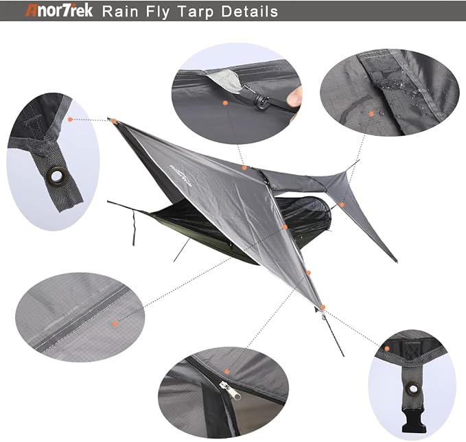 AnorTrek Camping Hammock with Mosquito Net and Rain Fly Tarp, Portable Double Hammock with Two Tree Straps, 230T Nylon Hammock and Waterproof Rain Fly Set for Hiking, Backpacking, Overnight (Blue)