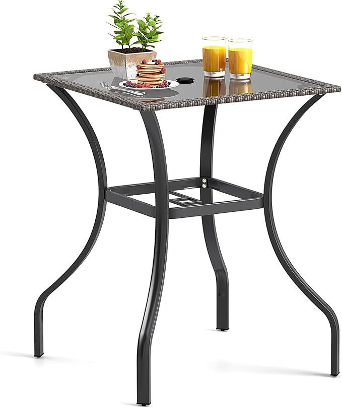HAPPYGRILL Patio Bar Table, 28.5 x 28.5 inch Outdoor Bar Height Dining Table with Rattan Edge & Heavy-Duty Metal Legs, 2 inch Umbrella Hole, Square Bistro Bar Table for Poolside, Backyard, Balcony