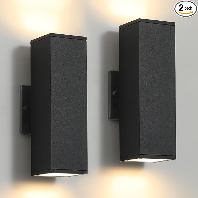LED Square Up and Down Lights Outdoor Wall Lights, Matte Black Exterior Lighting Fixtures with 7W LED Bulbs, Modern Outdoor Sconce Lights for House, Garage, Porch, Doorway, 2 Pack