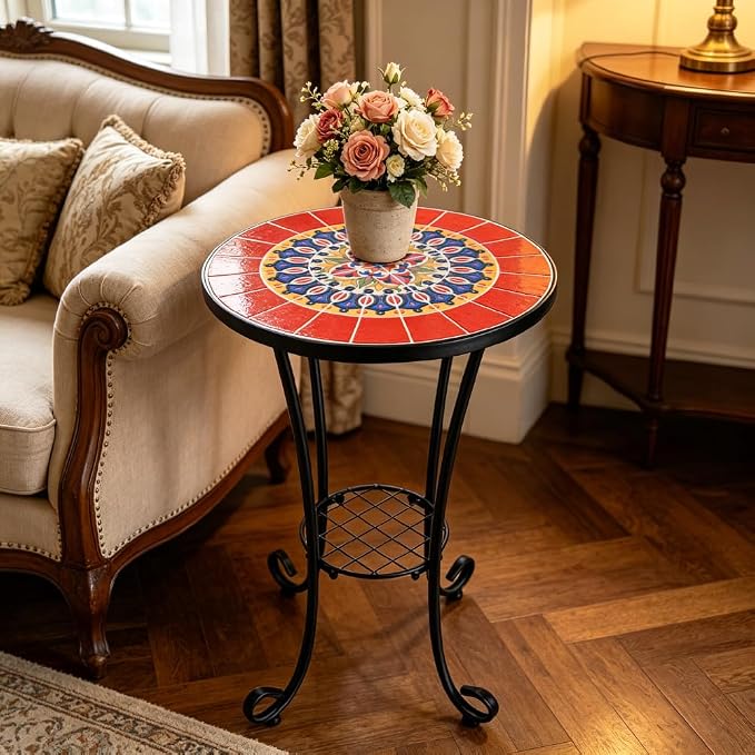 Mosaic Outdoor Side Table Small Round Patio Table Plant Stand | 21" Accent End Table with 14" Ceramic Tile Top for Small Spaces Porch Pool Garden Decor Indoor Living Room Bedroom Balcony