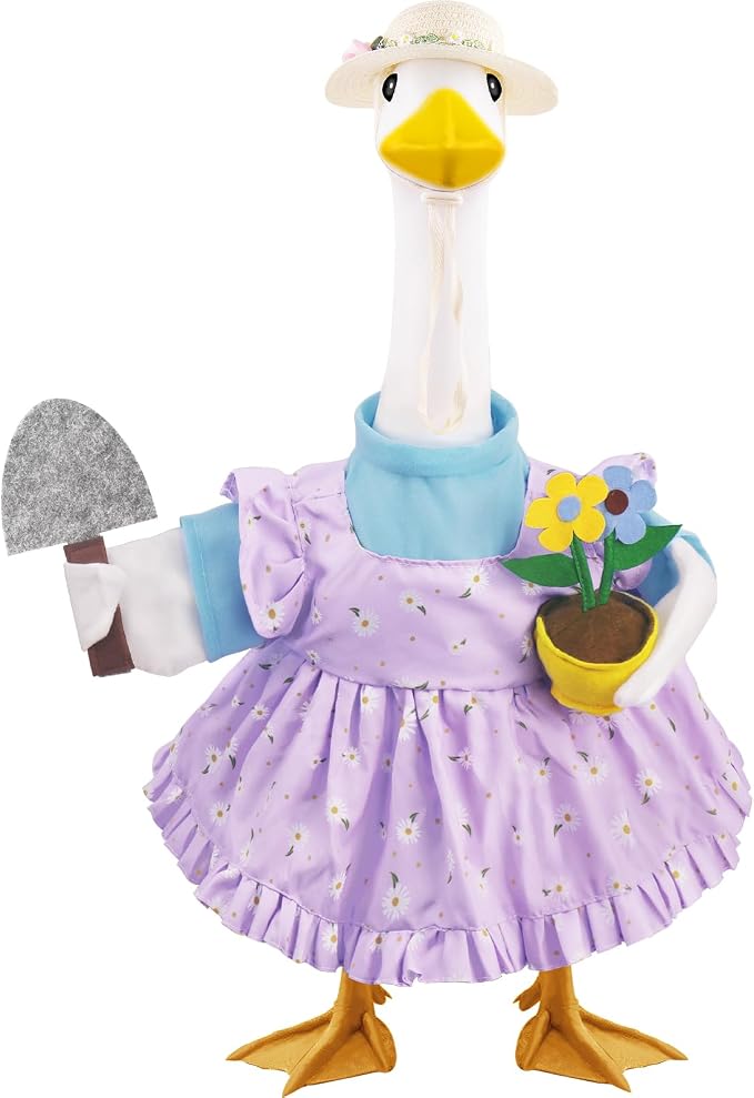 Erythem Gardener Porch Goose Outfits, Cute Spring Porch Goose Clothes with Straw Hat, Shovel & Flower Pot Fits 23" Cement Plastic Geese Statue for Outdoor Garden Yard Decor