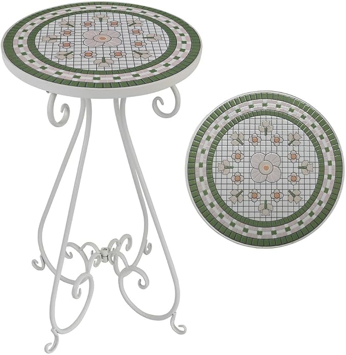Vintage Outdoor Side Table Round Mosaic Ceramic Tile Top 14" Diameter Metal Plant Stand for Flower Pots Vase Garden Home Porch Pool Indoor Decor Weather Resistant Outside Patio Accent End Furniture