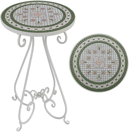Vintage Outdoor Side Table Round Mosaic Ceramic Tile Top 14" Diameter Metal Plant Stand for Flower Pots Vase Garden Home Porch Pool Indoor Decor Weather Resistant Outside Patio Accent End Furniture