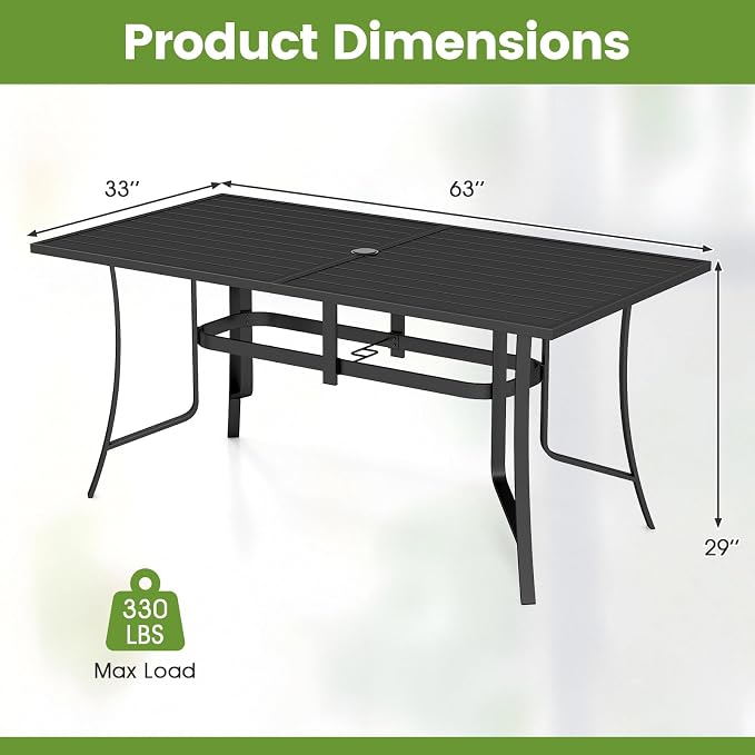 Tangkula 63" x 33" Metal Patio Dining Table for 6, Rectangle Heavy Duty Outdoor Dining Table with Umbrella Hole, 6-Person Outside Dining Furniture for Porch, Garden, Balcony and Backyard