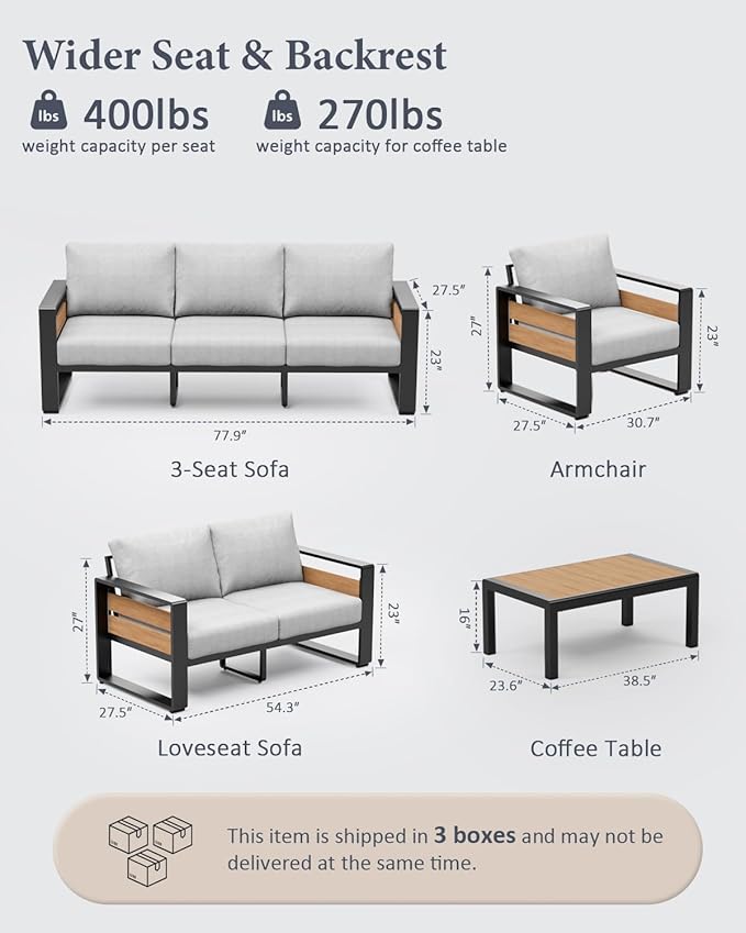 ZANDOR Aluminum Outdoor Patio Furniture-1 Pcs 3-Seat,Dark Gray | Rustproof,High weight capacity,Water-repellent,Washable Cover,All-Weather Resistant,Easy clean,for Poolside Backyard Deck