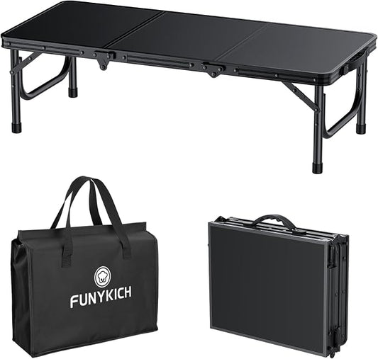 FUNYKICH 3ft Low Folding Camping Table with Carry Bag, 34.2'' Lx15.7'' W Portable Picnic Tables, Lightweight Thicker Aluminum Beach Table with Carry Handle for Beach, Camping, Picnic, Black