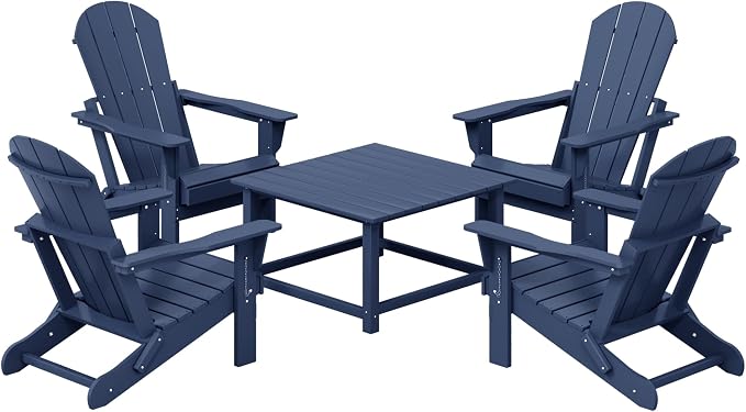 Costaelm Patio Conversation Set, 5 piece Balcony Furniture, Small Patio Firepit Furniture Outdoor Adirondack Square Coffee Table and Chair for Backyard Lawn Porch Pool Garden, Navy Blue
