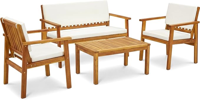 Devoko Patio Furniture 4 Piece Acacia Wood Outdoor Conversation Sofa Set with Table & Cushions Porch Chairs for Garden, Deck, Backyard, Natural