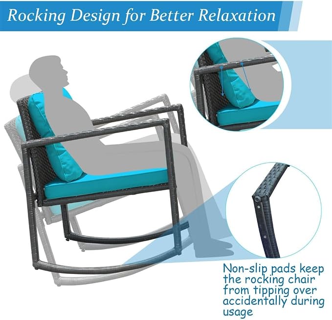 3PCS Patio Rattan Furniture Set Rocking Chairs Cushioned Conversation