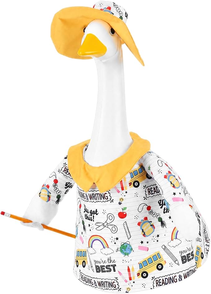 Outus Back to School Porch Goose Outfits Includes Notebook Doodle Shirt Yellow Sun Hat and Pencil Prop First Day of School Classroom Goose Clothing for Outdoor Garden Yard Patio Lawn 23" Statue