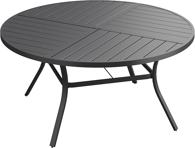 50" Outdoor Dining Table with Adjustable Umbrella Hole, Metal Slatted Round Patio Dining Table for Backyard Garden Deck, Black